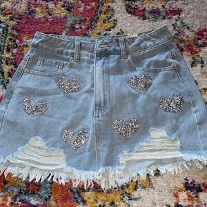 SHEIN Light Blue Denim Skirt with Silver Heart Details